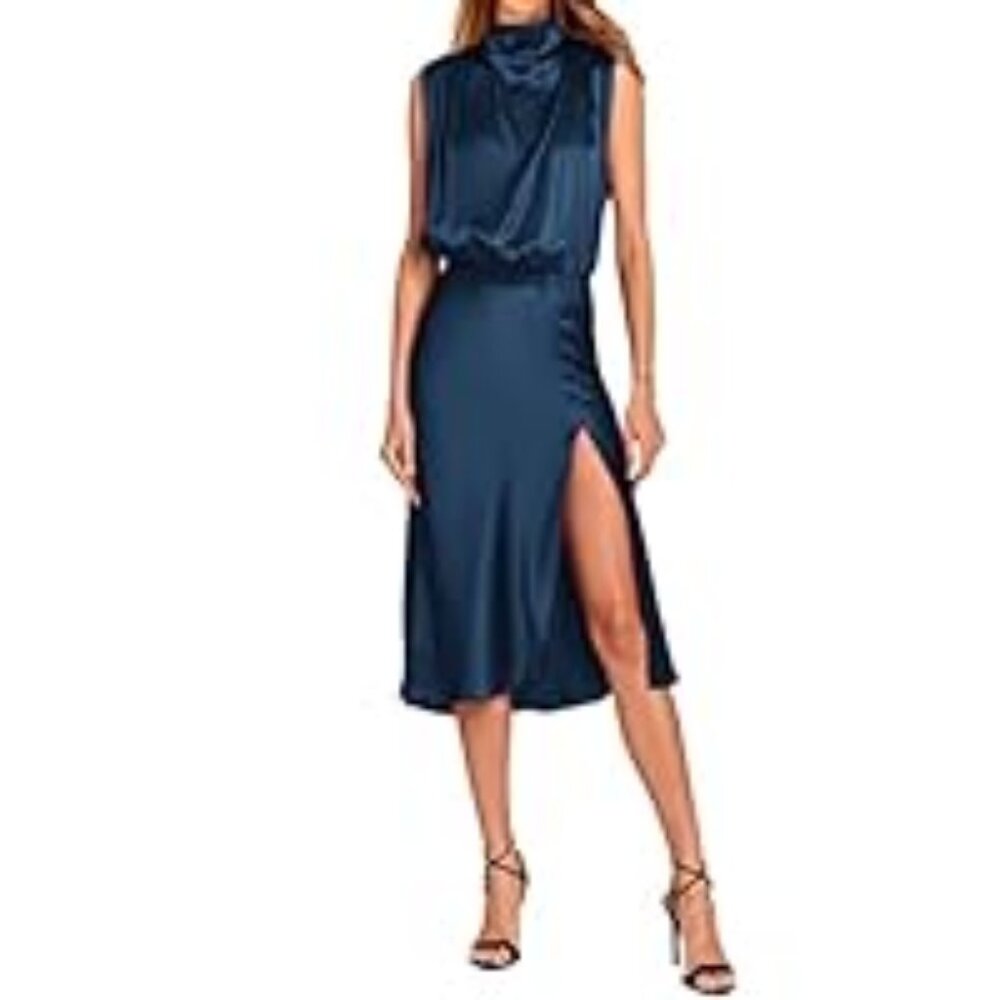 PRETTY GARDEN Mock Neck Sleeveless Satin Dress, Slit Midi XL